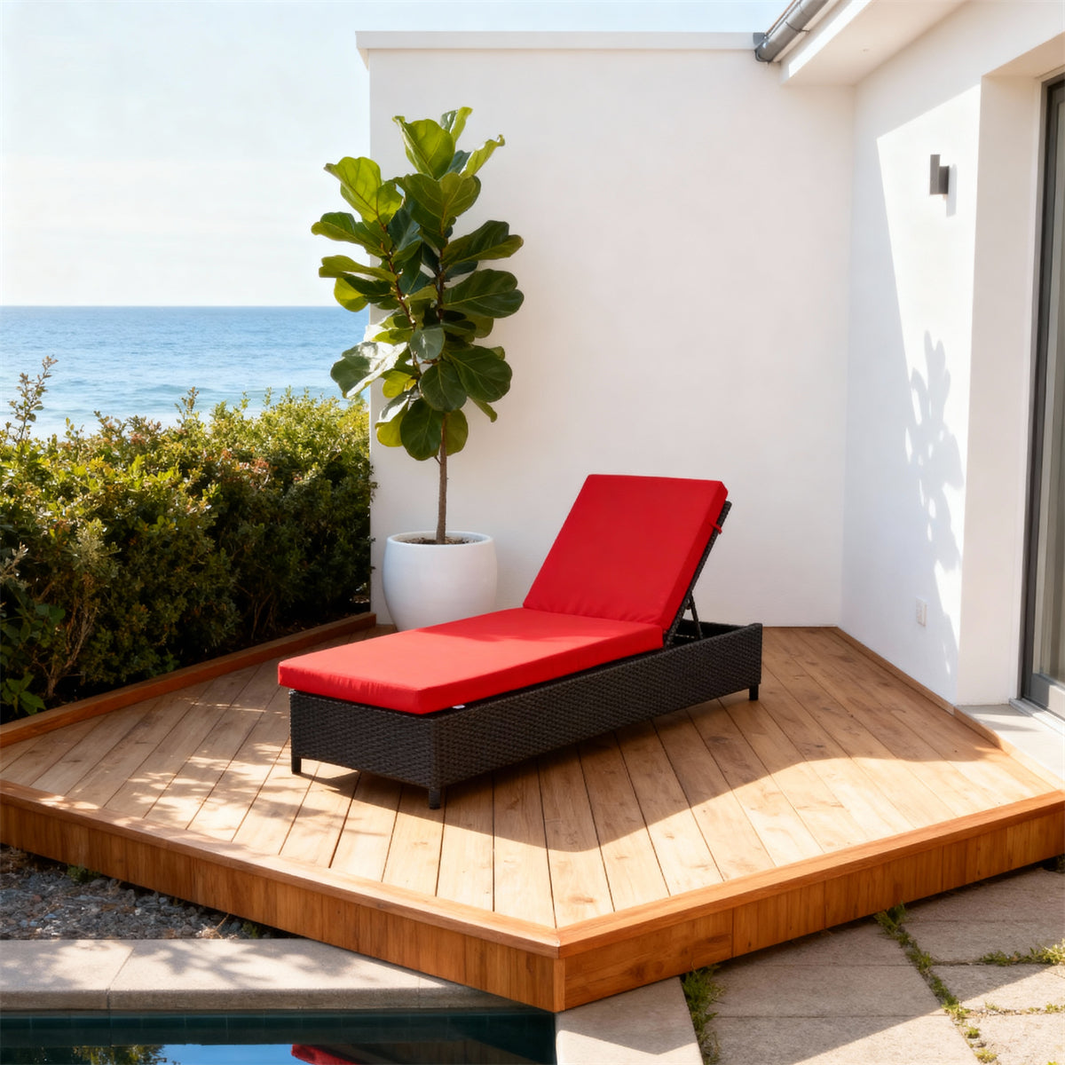 TYSF2525 Black Rattan Adjustable Outdoor Sun Lounger with Bold Red Cushion – Ibiza Spain Coastal Pool Terrace Luxury Contrast-Color Outdoor Reclining Sunbed
