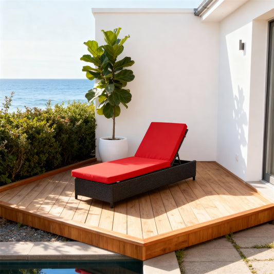 TYSF2525 Black Rattan Adjustable Outdoor Sun Lounger with Bold Red Cushion – Ibiza Spain Coastal Pool Terrace Luxury Contrast-Color Outdoor Reclining Sunbed