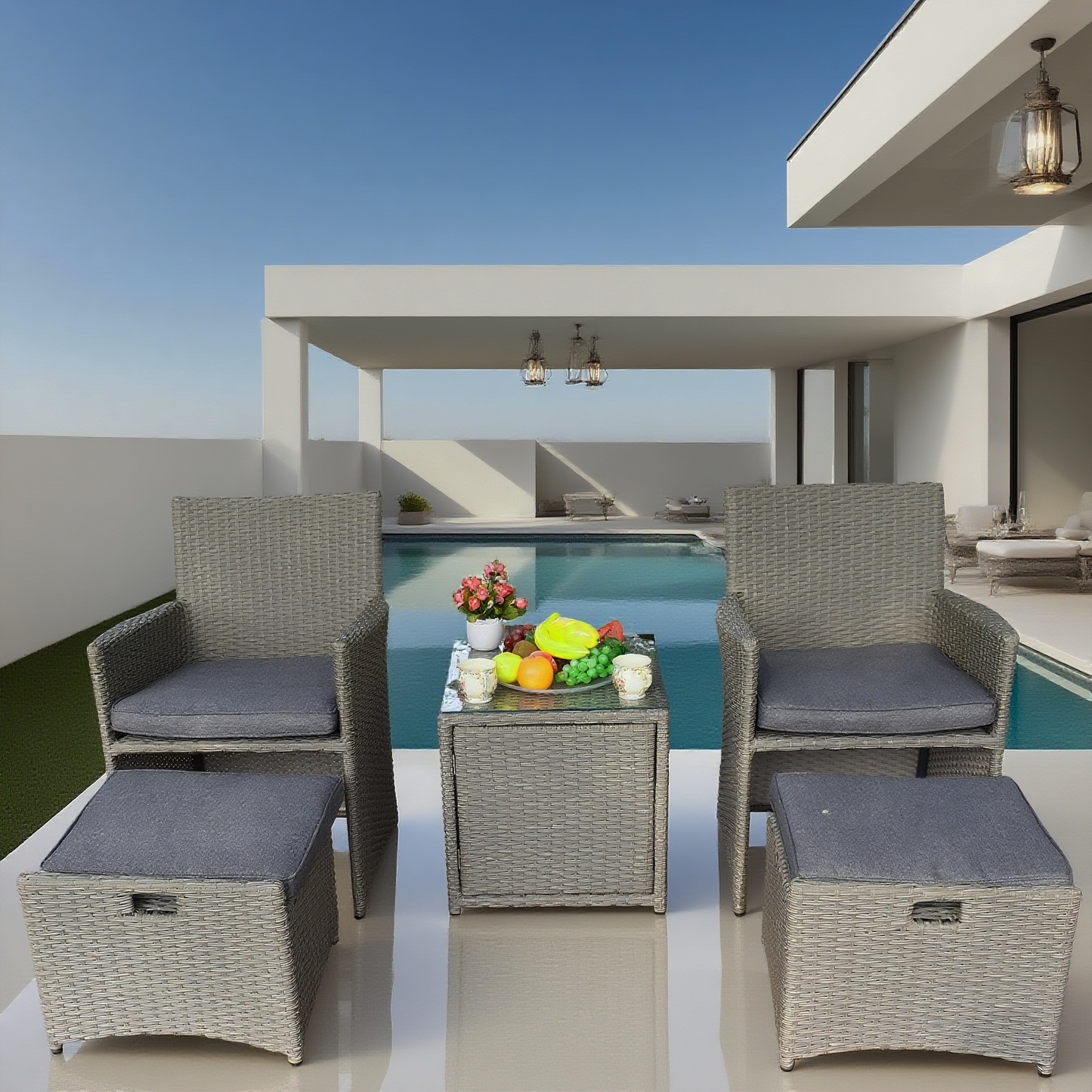 Light Grey Wicker 2 - Chair Outdoor Lounge Set with Storage Ottomans & Glass Table – Stylish Patio Conversation Furniture