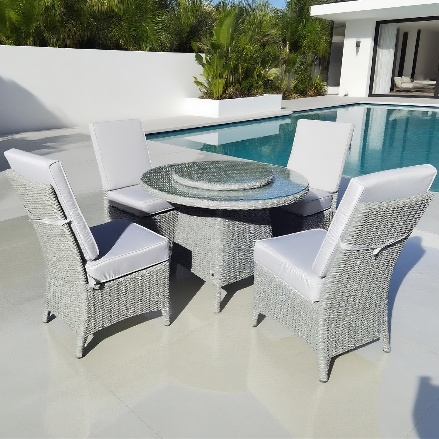 TBDS250502 Light Grey Wicker Modern Luxury Outdoor Dining Set with Light Grey Cushions & Clear Glass Round Table (Lazy Susan) – Stylish Patio Furniture