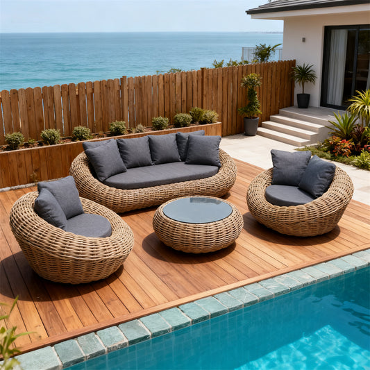Natural Rattan Spherical Outdoor Lounge Set with Dark Grey Cushions & Round Glass Coffee Table – Stylish Patio Furniture