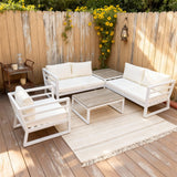 WLSF2534S1 White Aluminum 5-Piece Outdoor Conversation Set with Light Wood Tables & Cream Cushions – California Countryside Patio Set