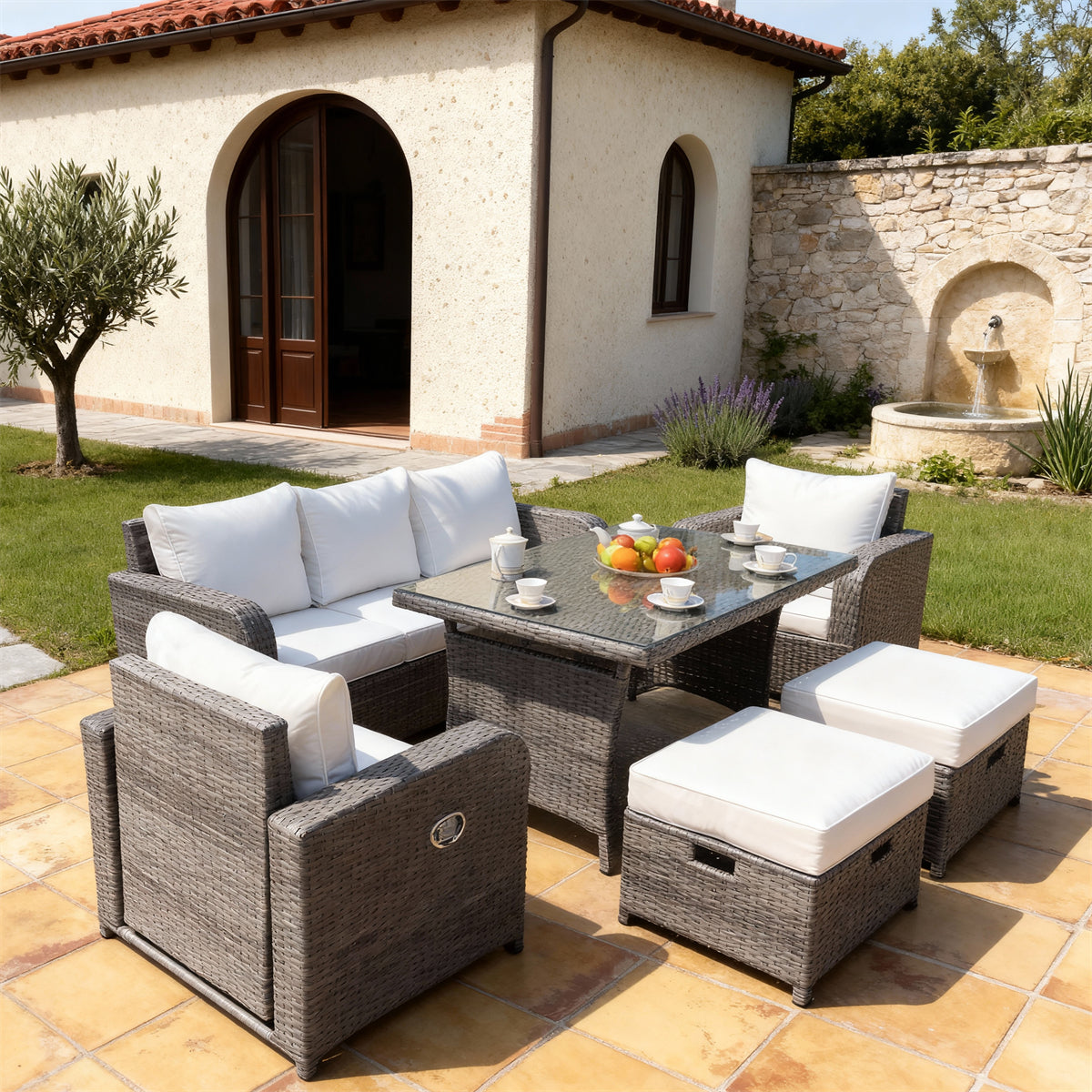 Dark Grey Wicker Outdoor Dining & Lounge Set with Cream Cushions, Glass Dining Table & Storage Ottomans – Stylish Patio Furniture