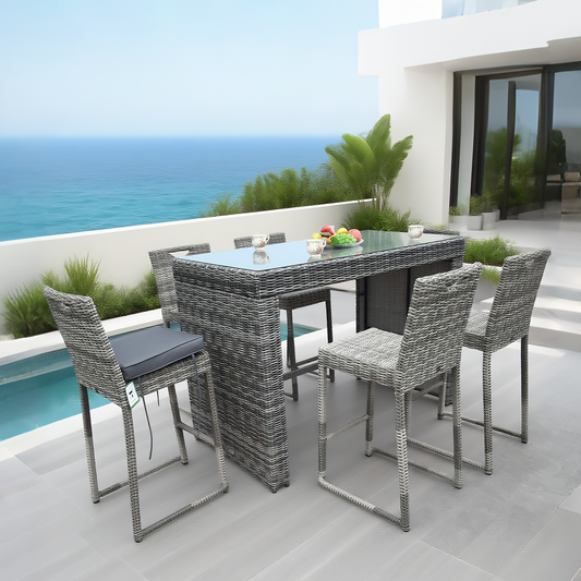 TBDS2513 Dark Grey Wicker Coastal Luxury Outdoor Bar Set with Dark Grey Cushions & Clear Glass Rectangular Dining Table – Stylish Patio Furniture