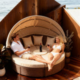 TYSF2570 Brown Rattan Round Canopy Outdoor Sofa Set with Round Table & Beige Cushions – Maui Hawaii Coastal Terrace Luxury Private Outdoor Round Canopy Sofa Set