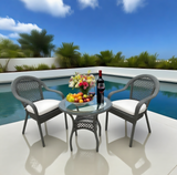 BST2501 Grey Woven Rattan & White Cushions Tropical Poolside Luxury Outdoor 2-Piece Bistro Set – Glass Round Table