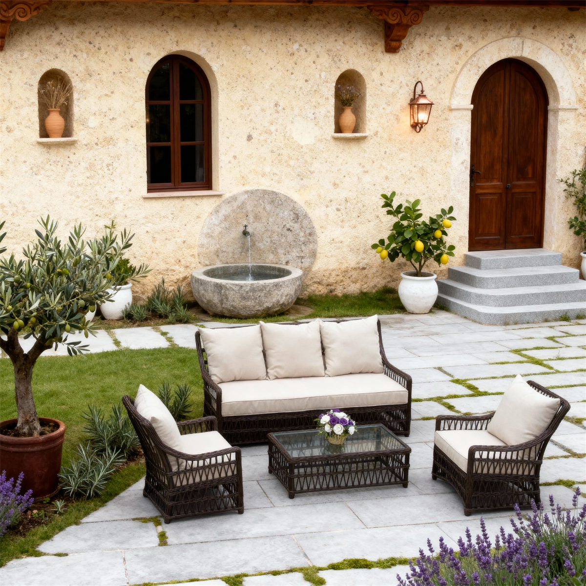 Dark Brown Wicker Outdoor Lounge Set with Beige Cushions & Glass Coffee Table – Stylish Patio Furniture