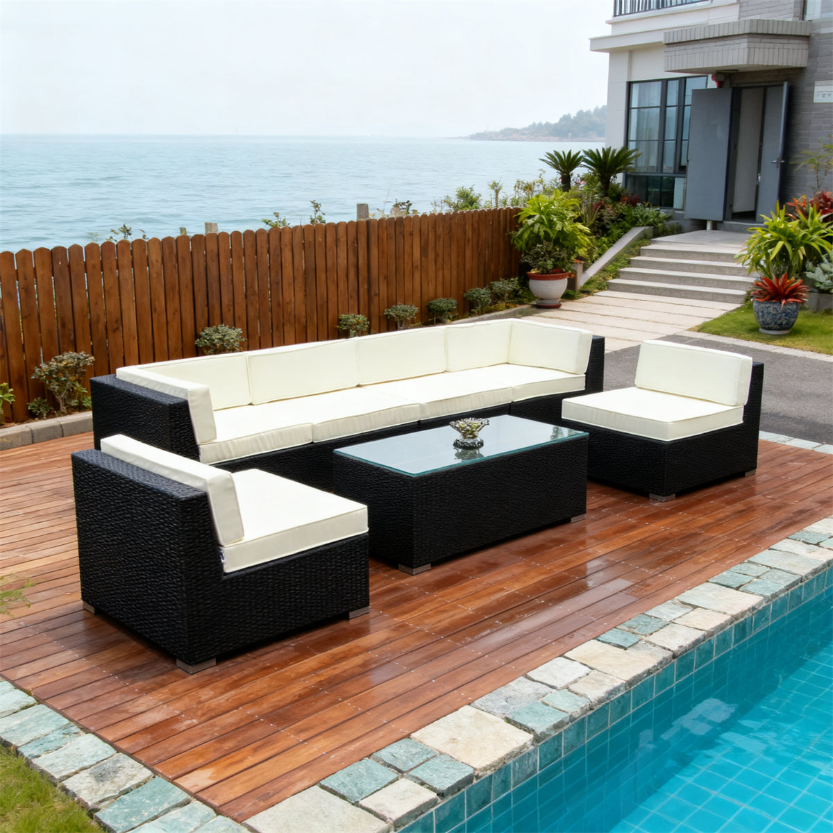 Black Wicker Outdoor Lounge Set with White & Black Cushions & Glass Coffee Table – Stylish Patio Furniture