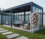 PGL2512 Modern Navy Blue Aluminum Sunroom with Glass Panels – Enclosed Outdoor Patio Pavilion for Year-Round Backyard Living