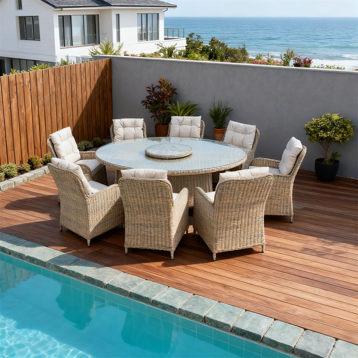 TBDS251804-8S Light Brown Woven Wicker Coastal Luxury Outdoor Dining Set with Light Grey Tufted Cushions & Glass Lazy Susan Round Table – Stylish Patio Furniture