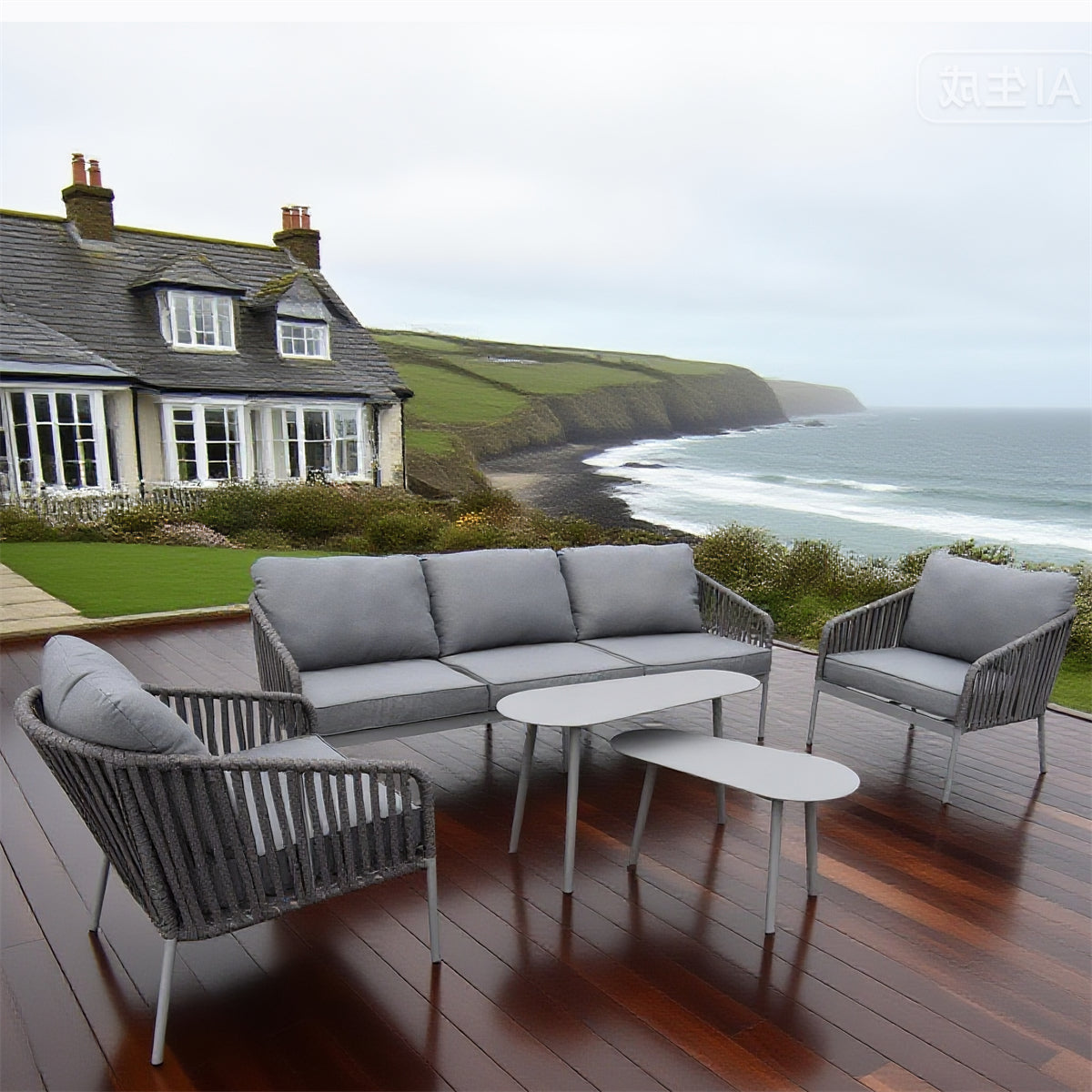 SFTZ2633 Grey Rattan Outdoor Lounge Set with Light Grey Cushions – Cornish Coastal Manor Patio 5-Piece Luxury Outdoor Social Furniture Set