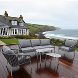 SFTZ2633 Grey Rattan Outdoor Lounge Set with Light Grey Cushions – Cornish Coastal Manor Patio 5-Piece Luxury Outdoor Social Furniture Set