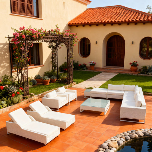White Wicker Outdoor Lounge & Chaise Set with All - White Design & Glass Coffee Table – Luxury Patio Furniture