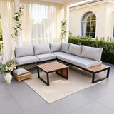 WLSF2536 Black Metal L-Shaped Outdoor Sectional with Wooden Side Extensions & Coffee Table – Mediterranean Villa Patio Furniture Set