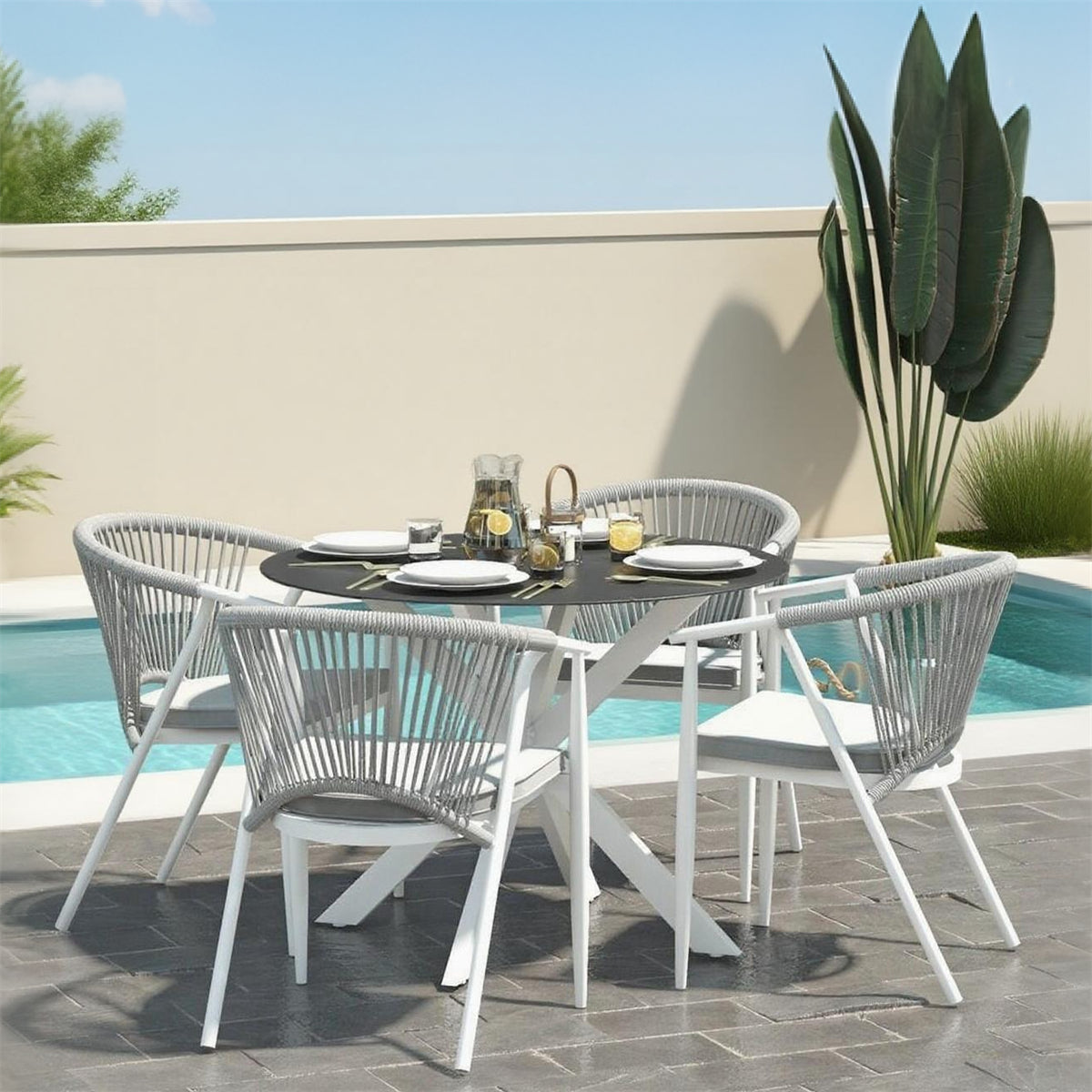 TBDS2511 Grey Rope & White Metal Modern Minimalist Outdoor Dining Set with Light Grey Cushions & Black Glass Round Dining Table – Stylish Patio Furniture