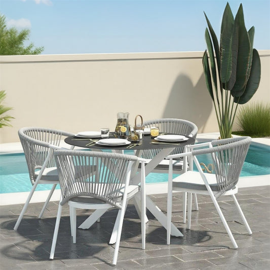 TBDS2511 Grey Rope & White Metal Modern Minimalist Outdoor Dining Set with Light Grey Cushions & Black Glass Round Dining Table – Stylish Patio Furniture