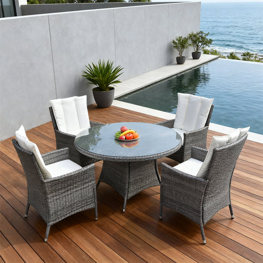 TBDS2517-4S backcushioned Dark Grey Wicker Modern Coastal Luxury Outdoor Dining Set with White High-Back Cushions & Clear Glass Round Dining Table – Stylish Patio Furniture