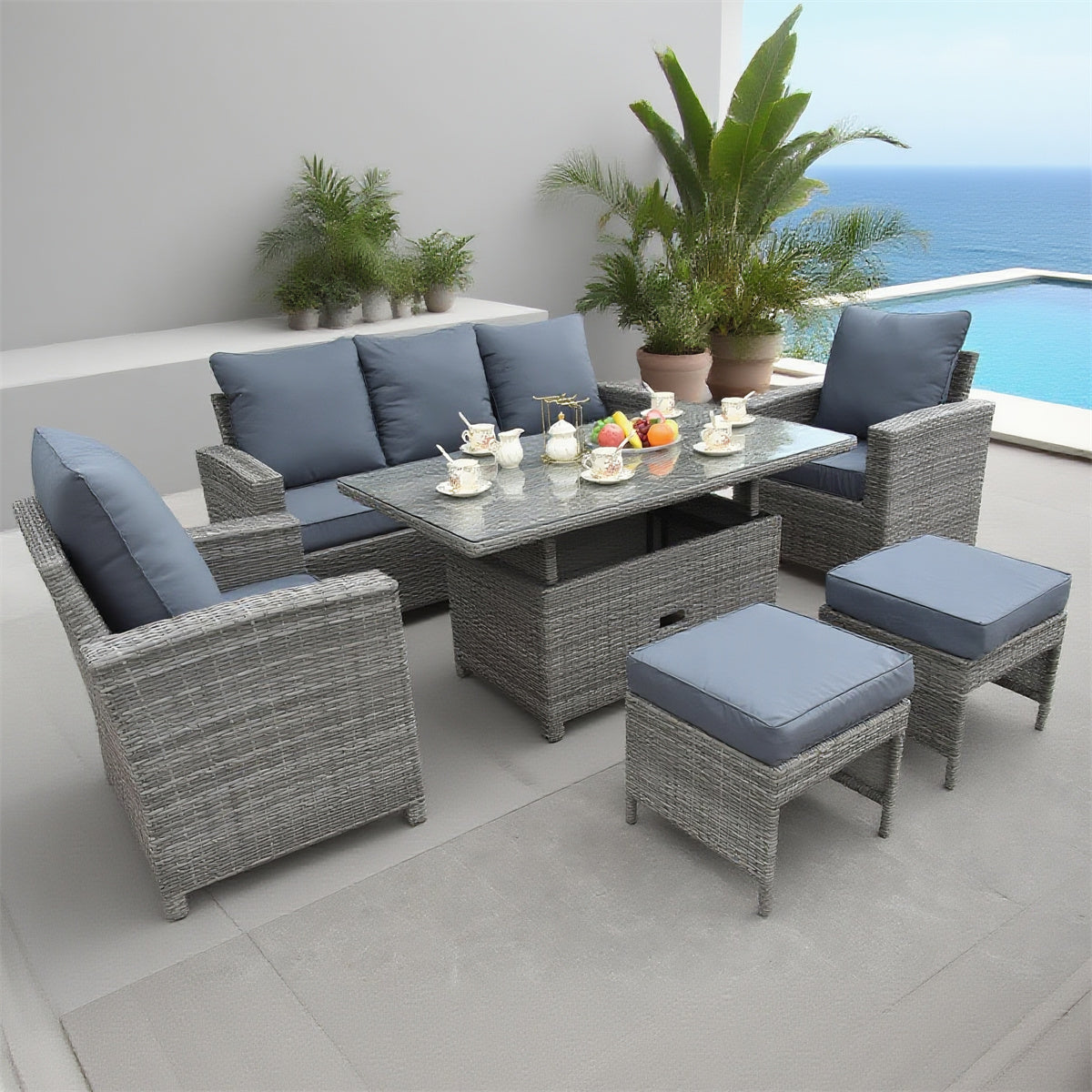Grey Wicker Outdoor Lounge Set with Glass Dining Table & Ottomans – Stylish Patio Furniture