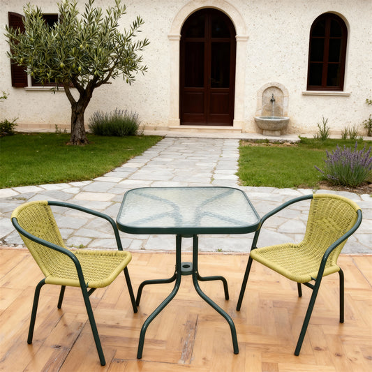 TBDS252901 Yellow-Green Rattan & Forest Green Metal Southern European Olive Grove Luxury Outdoor Bistro Set with Cushion-Free Design & Textured Glass Square Table