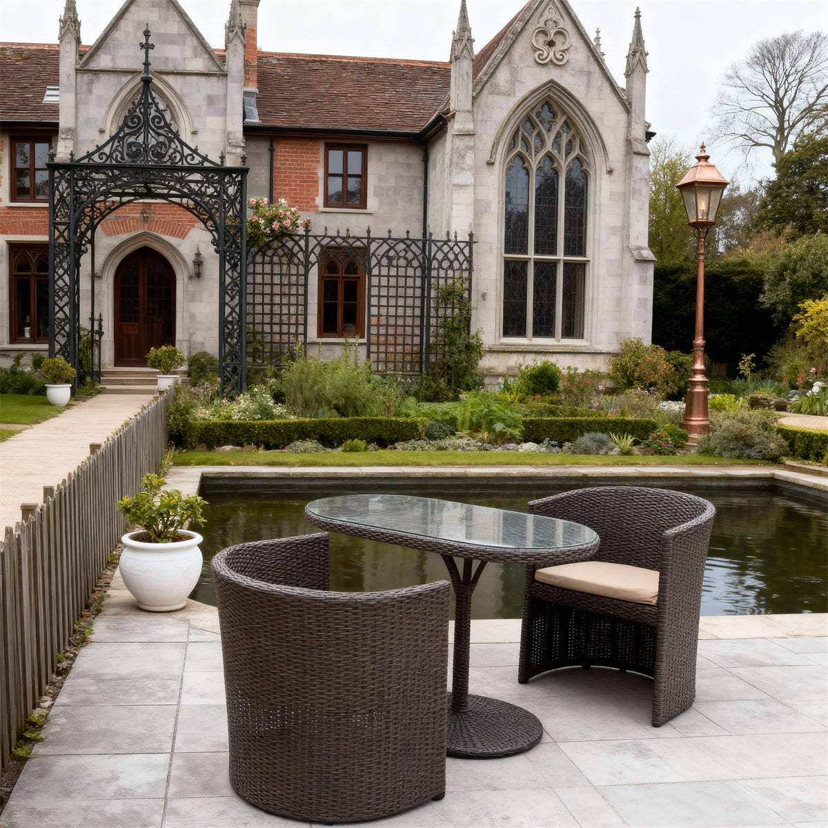 TBDS252502 Dark Brown Wicker English Castle Luxury Outdoor Bistro Set with Beige Cushions & Glass Oval Table – Stylish Patio Furniture