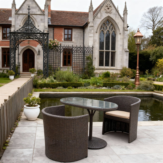 TBDS252502 Dark Brown Wicker English Castle Luxury Outdoor Bistro Set with Beige Cushions & Glass Oval Table – Stylish Patio Furniture