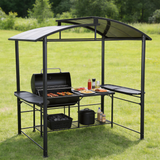 PGL2411 Black Metal Grill Gazebo with Hardtop Roof & Side Shelves – Outdoor BBQ Canopy for Backyard Cooking Area