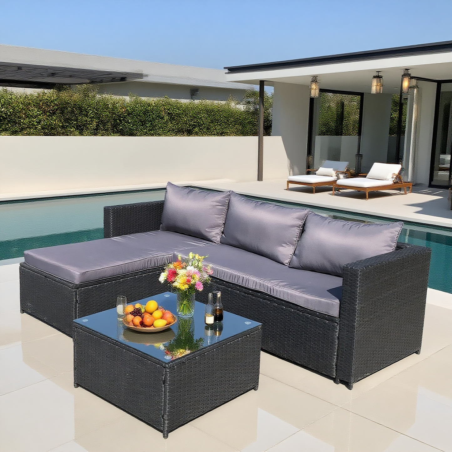 Dark Brown Wicker L - Shaped Outdoor Sectional Set with Glass Coffee Table – Stylish Patio Lounge Furniture
