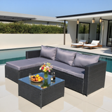 SFTZ2529 Dark Brown Wicker L - Shaped Outdoor Sectional Set with Glass Coffee Table – Stylish Patio Lounge Furniture