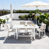WLSF2505 White Aluminum Frame Outdoor Dining Set with 4 Chairs Umbrella and Side Table Los Angeles Rooftop Terrace Modern Luxury Outdoor Furniture Set