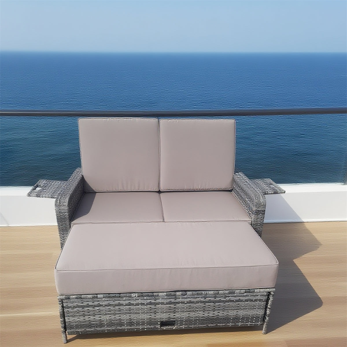 SFTZ2637 Grey Wicker Convertible Outdoor Sofa Bed Set with Beige Cushions – Yacht & Coastal Terrace 2-Piece Luxury Outdoor Multi-Functional Furniture Set