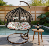 SWC2640 2 Seater Dark Brown Wicker Hanging Egg Chair with Stand & Floral Cushion – Poolside Patio Double Swing Lounge Chair Set