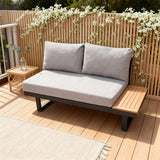 WLSF2526S4 Black Metal Frame Outdoor Loveseat with Wooden Side Extension & Light Grey Cushions – New England Countryside Patio Seating