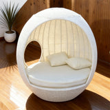 TYSF2558 All-White Rattan Spherical Private Outdoor Lounge Chair with Matching Cushions – Bora Bora French Polynesia Coastal Terrace Luxury Private Outdoor Pod Chair