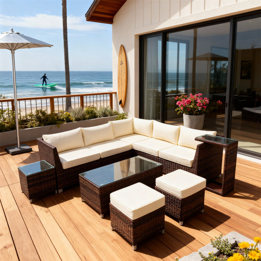 SFTZ2629 Dark Brown Wicker L-Shaped Modular Outdoor Lounge Set with Cream Cushions – Malibu California Coastal Modern Villa Patio Luxury Outdoor Social Furniture Set