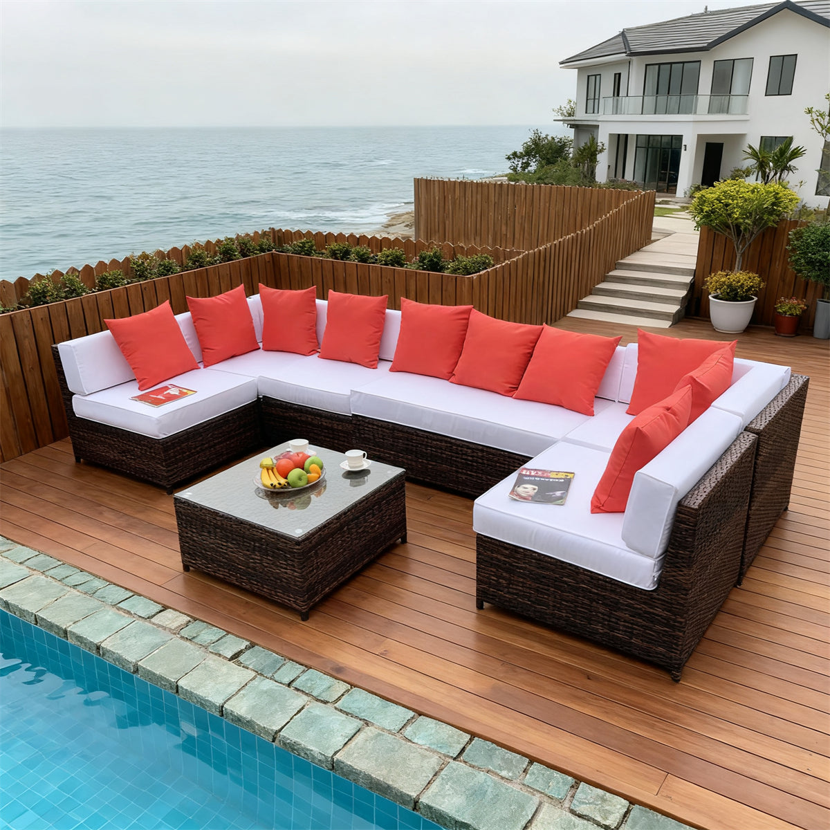 Dark Brown Wicker L - Shaped Outdoor Sectional Set with White & Orange Cushions & Glass Coffee Table – Stylish Patio Furniture