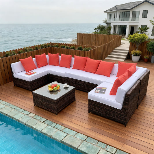 Dark Brown Wicker L - Shaped Outdoor Sectional Set with White & Orange Cushions & Glass Coffee Table – Stylish Patio Furniture