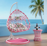 SWC2643 2 Seater Pink White Wicker Hanging Egg Chair with Stand & Floral Cushion – Coastal Beach Patio Double Swing Lounge Chair Set