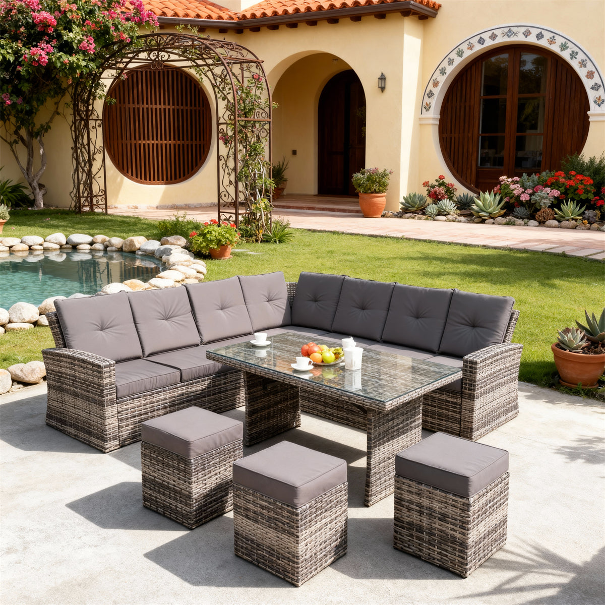 Mixed Grey Wicker L - Shaped Outdoor Dining & Lounge Set with Dark Grey Cushions, Glass Dining Table & Storage Ottomans – Stylish Patio Furniture