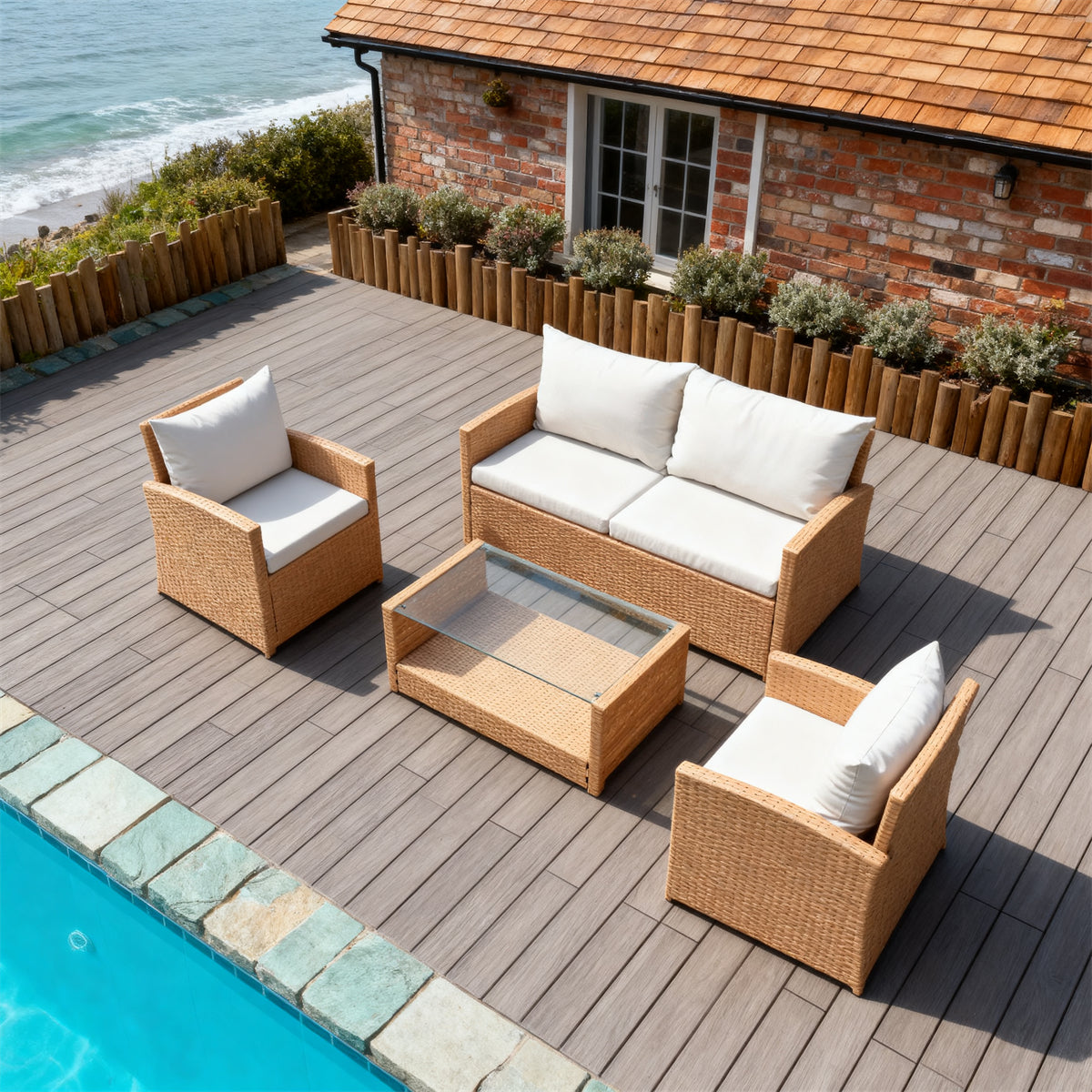 Light Brown Wicker Outdoor Lounge Set with Beige Cushions & Glass Coffee Table – Stylish Patio Furniture