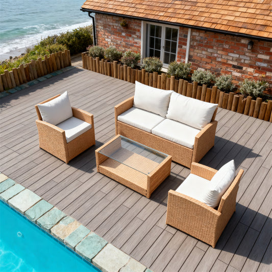 Light Brown Wicker Outdoor Lounge Set with Beige Cushions & Glass Coffee Table – Stylish Patio Furniture