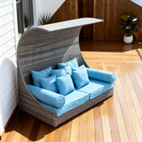 TYSF2566 Grey Rattan Wing-Canopy Outdoor Sofa with Turquoise Cushions – Tahiti French Polynesia Coastal Terrace Luxury Vibrant Outdoor Wing-Canopy Sofa