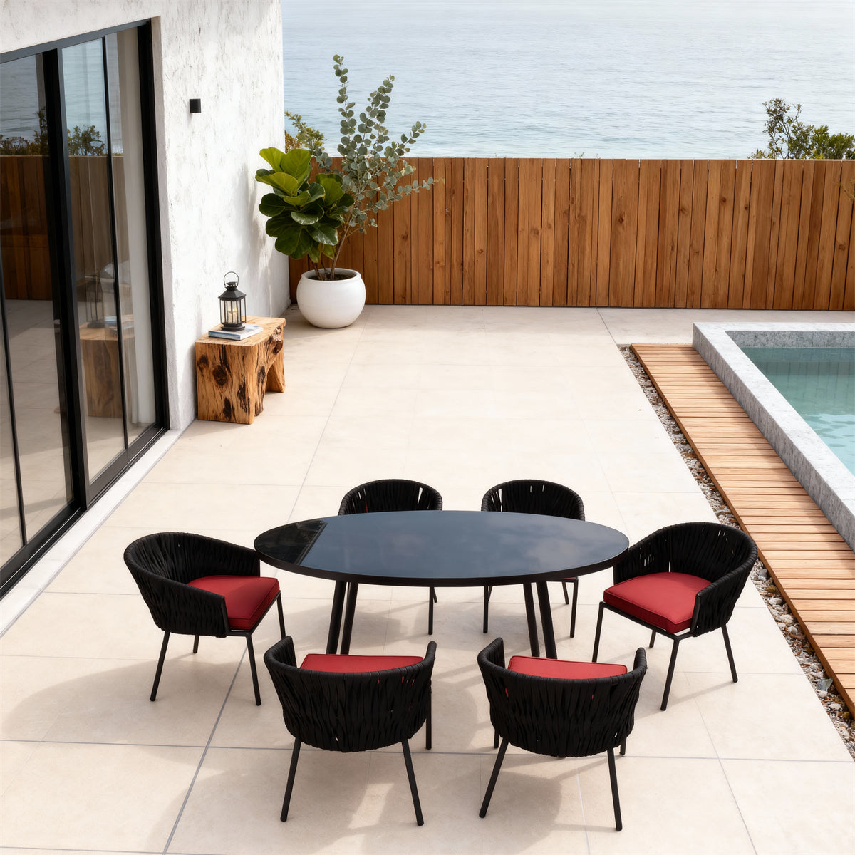 Black Woven Modern Coastal Luxury Outdoor Dining Set with Red Cushions & Black Oval Glass Dining Table – Stylish Patio Furniture