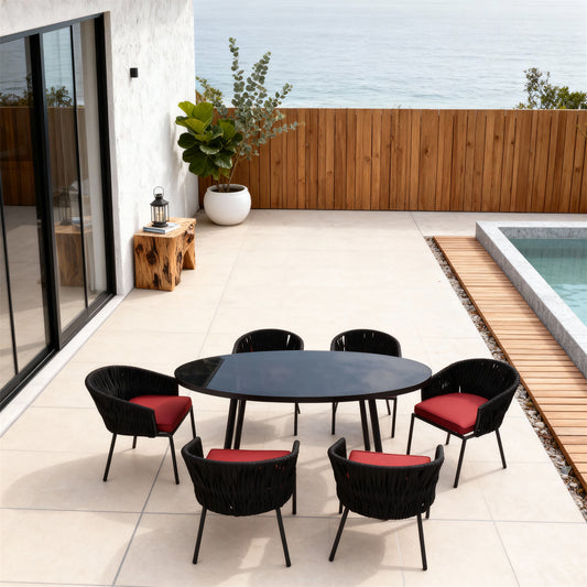 Black Woven Modern Coastal Luxury Outdoor Dining Set with Red Cushions & Black Oval Glass Dining Table – Stylish Patio Furniture