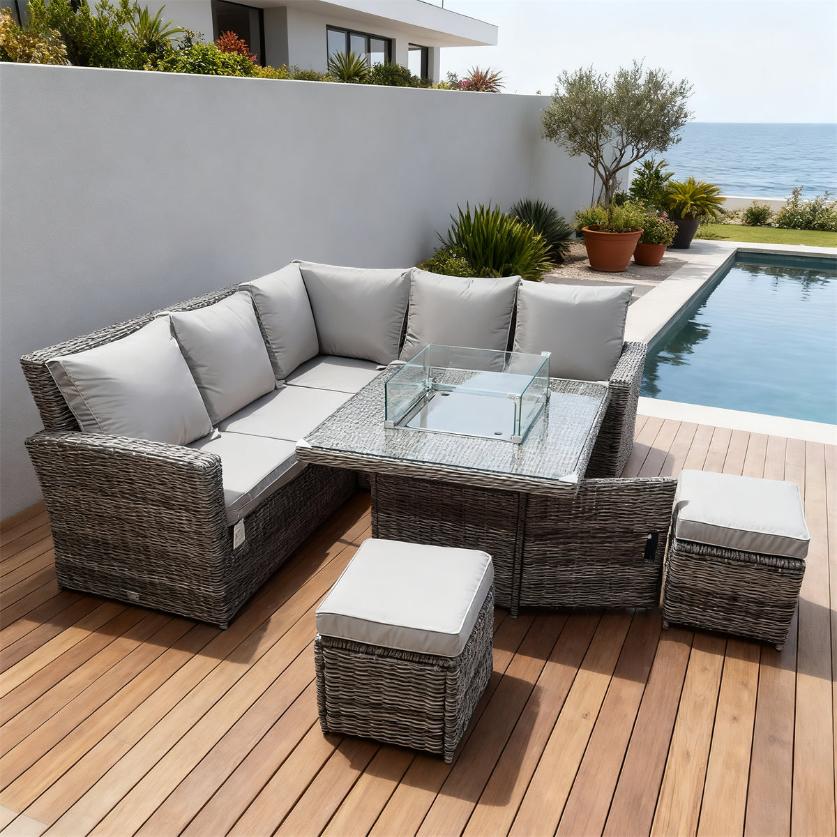 Grey Wicker L - Shaped Outdoor Sectional Set with Propane Fire Pit Table & Ottomans – Stylish Patio Furniture