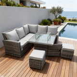 SFTZ2552 Grey Wicker L - Shaped Outdoor Sectional Set with Propane Fire Pit Table & Ottomans – Stylish Patio Furniture