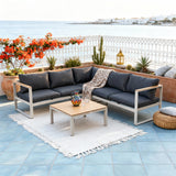 WLSF2541 Light Grey Aluminum L-Shaped Outdoor Sectional with Wooden Top Coffee Table – Mediterranean Coastal Patio Set