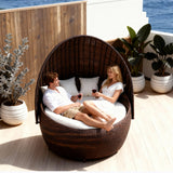 TYSF2586 Dark Brown Rattan Egg-Shaped Dome Outdoor Daybed with All-White Cushions – Praslin Seychelles Coastal Terrace Luxury Private Outdoor Egg Daybed