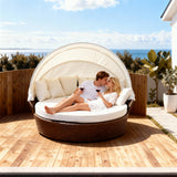TYSF2572 Brown Rattan Round White Canopy Outdoor Daybed with All-White Cushions – Byron Bay Australia Coastal Terrace Luxury Private Outdoor Round Canopy Daybed