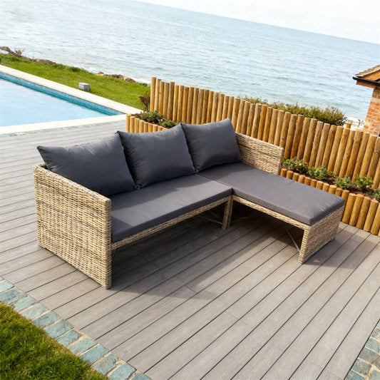 Natural Rattan L - Shaped Outdoor Sectional Set with Dark Grey Cushions – Stylish Patio Furniture