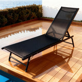 TYSF2535 Black Metal-Frame Full Black Mesh Foldable Outdoor Sun Lounger – Palm Jumeirah Dubai Coastal Terrace Luxury Modern Outdoor Reclining Sunbed